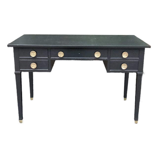 Tommi Parzinger for Charak Black Lacquered Desk With Brass Hardware and Extender Trays For Sale