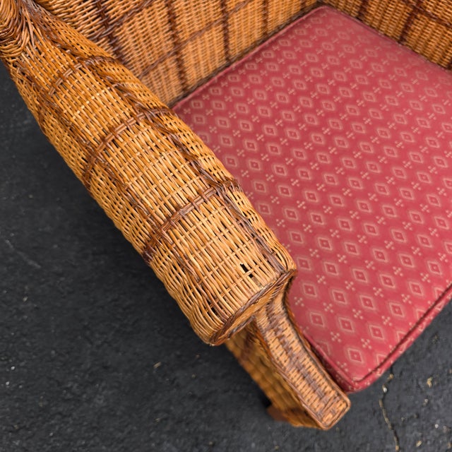 Wood Late 20th Century Pair of Palecek Woven Rattan Wingback Lounge Chairs With Rolled Arms For Sale - Image 7 of 15