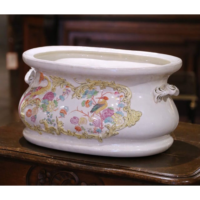 Late 19th Century 19th Century French Faience Foot Bath With Chinoiserie Birds and Gilt Floral Reliefs For Sale - Image 5 of 9
