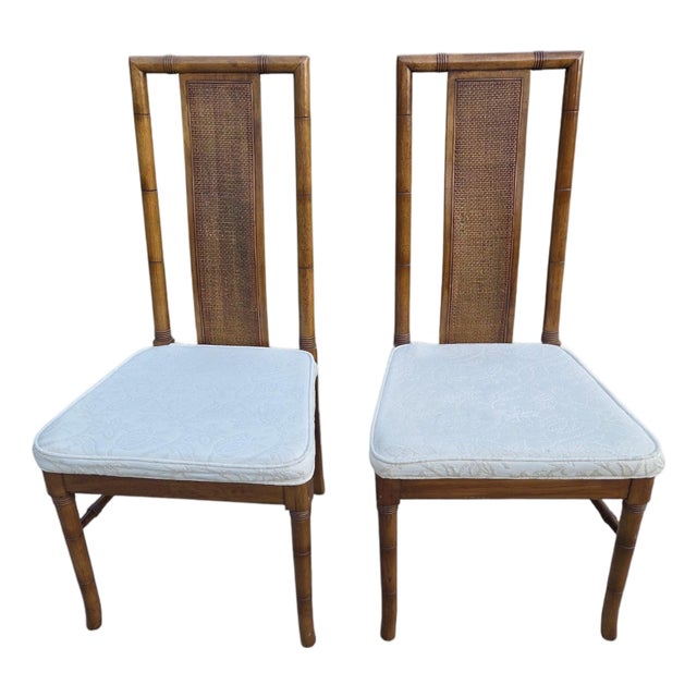 Thomasville Vintage Faux Bamboo Cane High Back Dining Chairs Regency Pair For Sale