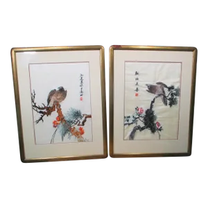 Vintage Chinese Embroidery Silk Panel in Gilt Frames- a Pair