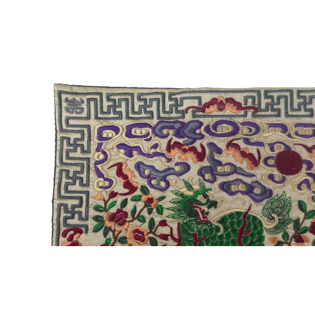 Asian Asian Rectangular Green Kirin Bats Blossom Flower Fabric Display Art For Sale - Image 3 of 10