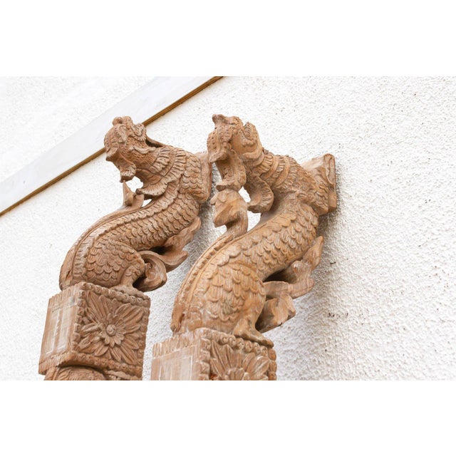 Taupe Naga Guardians Pair of Finely Carved Dragon Brackets For Sale - Image 8 of 13