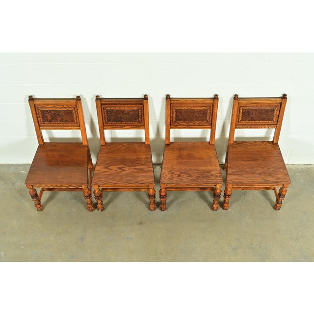Early 20th Century Early Romweber Antique English Jacobean Carved Oak and Burl Wood Dining Chairs, Set of Four For Sale - Image 5 of 13