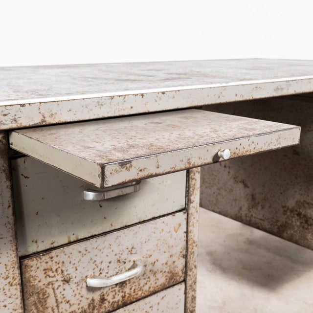 1950's original steel double drawer industrial desk. A good practical industrial desk in classic fifties steel grey. Knee...
