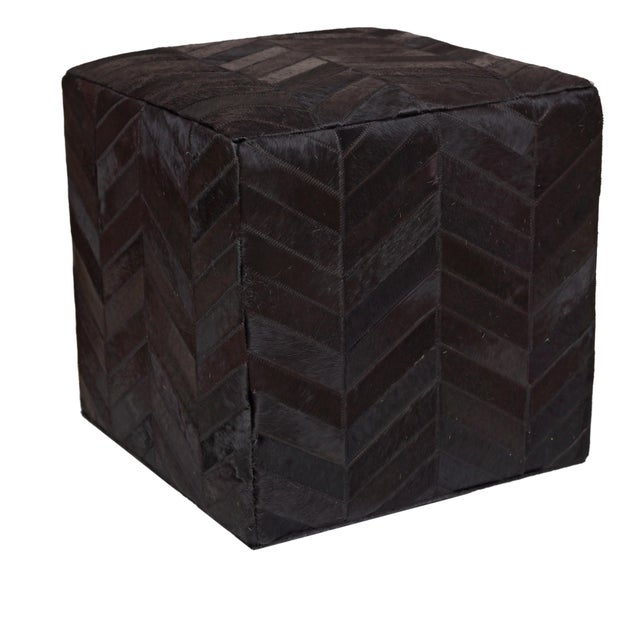 Handmade Black Cowhide Leather Ottoman Pouf 18x18x18 in Chevron Patchwork For Sale In San Francisco - Image 6 of 11