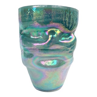 Mid 20th Century Iridescent Aqua Art Glass Vase With Asymmetrical Sculptural Form For Sale