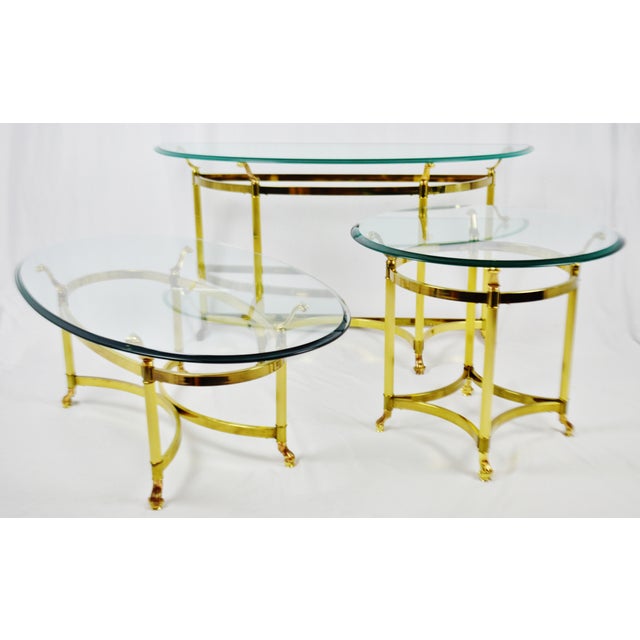 Vintage Maison Jansen Style Brass & Glass Living Room Tables Set of 3