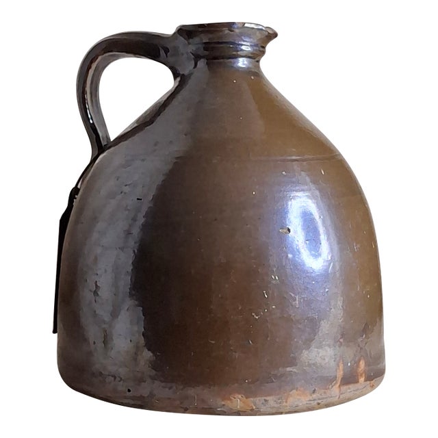 Antique Albany Slip Stoneware Jug 19th C Merchant Tag Formosa Oolong Tea Suffield Ct For Sale