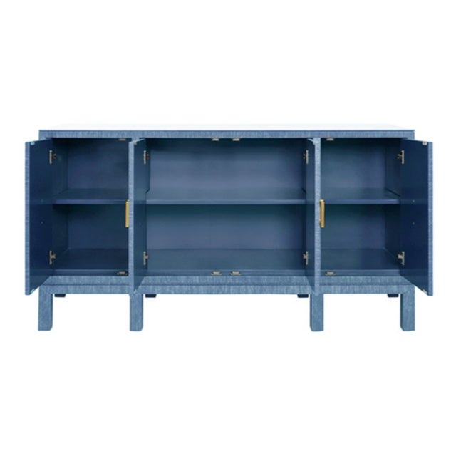 Matthew Izzo Home Effie Denim Blue Grasscloth Four Door Buffet With Glass Top and Brass Square Handles For Sale In New York - Image 6 of 8
