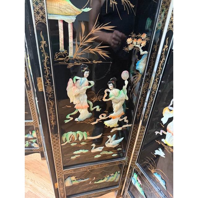 Vintage Chinese Black Lacquer 4-Panel Folding Screen Room Divider - Soapstone & Mother-of-Pearl Inlay For Sale - Image 17 of 18