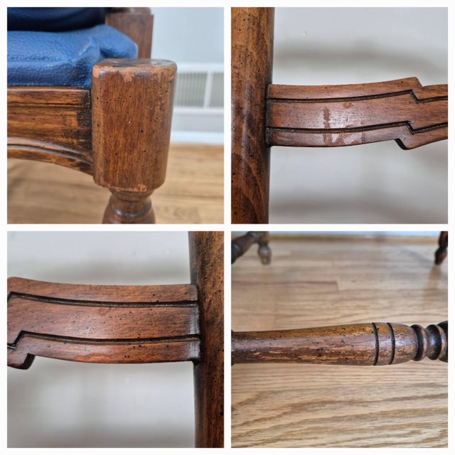 Mid 20th Century French Country Petite Walnut Ladder Back Settee Bench W/ Blue Faux Leather Cushions For Sale - Image 13 of 14