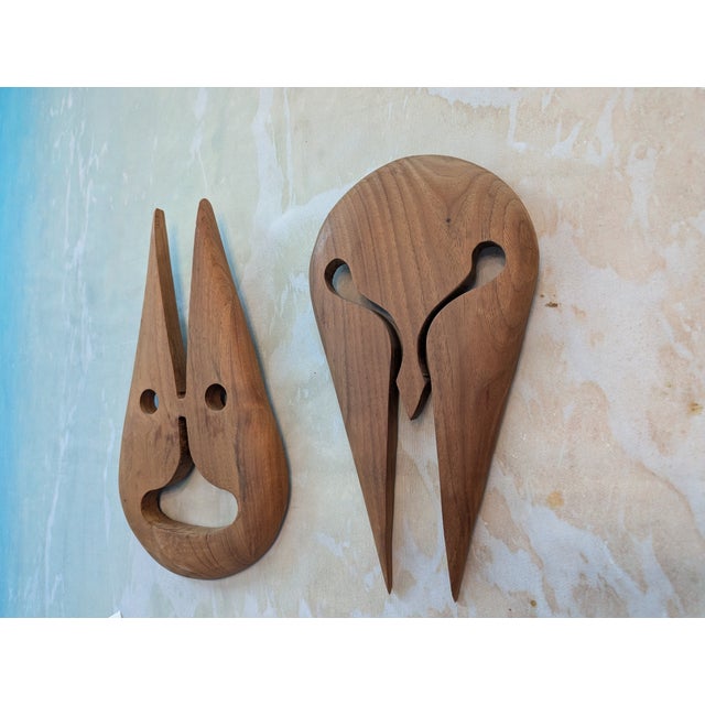 1970s Vintage Mid-Century Modern Abstract Teak Wood Wall Masks - A Pair For Sale - Image 9 of 12