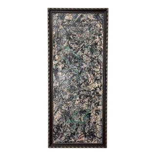 Vintage Abstract Expression "Full Fathom Five" Hand-Painted Reproduction Framed Painting in the Style of Jackson Pollock, Black, Turquoise, Peach For Sale