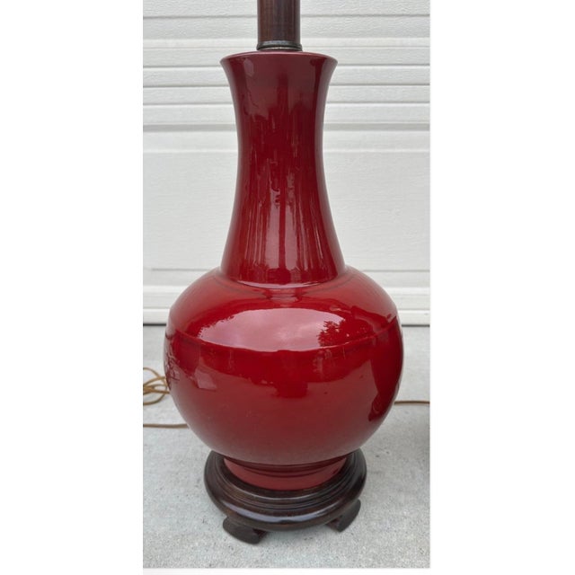 1950s Pair of Vintage Chinese Oxblood Red Glazed Ceramic Table Lamps – 33.5" For Sale - Image 5 of 18