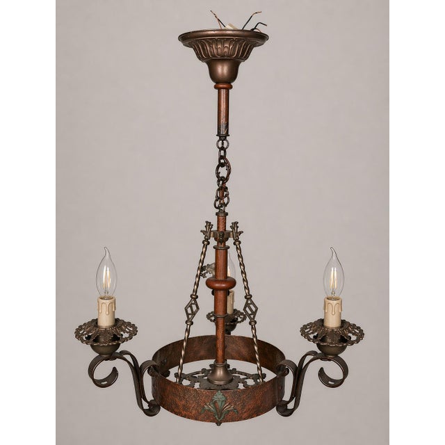 Wood 1920s Arts and Crafts, Art Deco Polychrome, Iron and Wood 3 Light Chandelier For Sale - Image 7 of 9