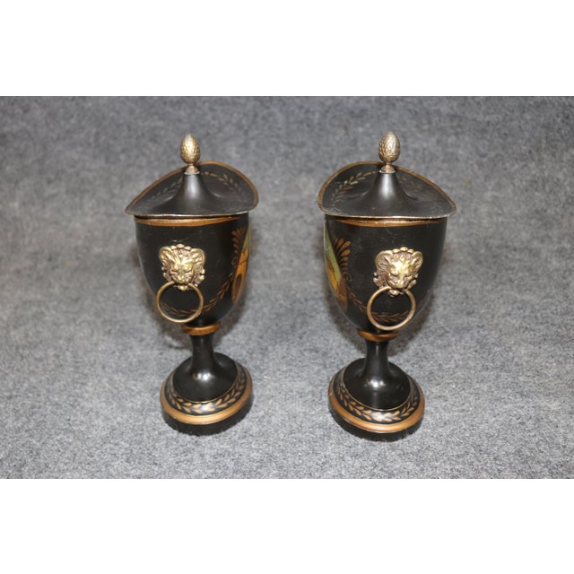 English Pair English Style Tole Painted Metal Small Brass Mounted Urns For Sale - Image 3 of 13