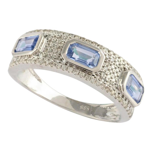 14k Gold Sapphire & Diamond Cocktail Band Ring Size 7 For Sale