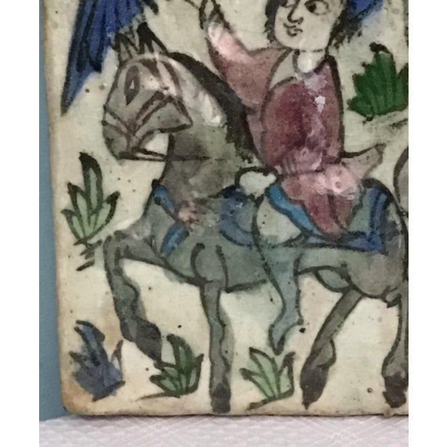 Portraiture Antique 19th-Century Persian Qajar Dynasty Polychrome Tile – Falconer on Horseback For Sale - Image 3 of 7