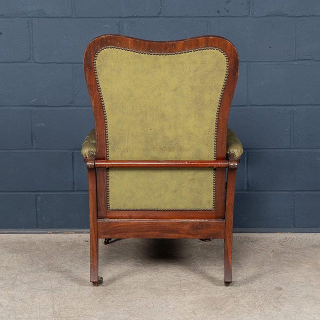 Antique English Mahogany Reclining Armchair with Green Leather Upholstery, 19th Century For Sale - Image 9 of 18
