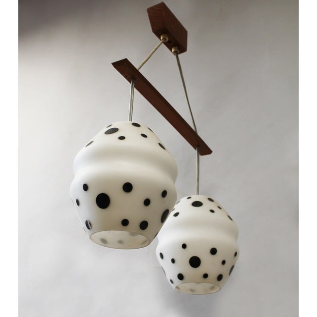 Black Vintage Czechoslovak Double Pendant Light in Spotted Opaline Glass and Wood, 1960s For Sale - Image 8 of 10