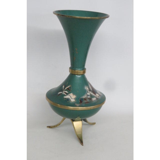 Mid-Century Modern Mid Century Green Enameled Brass Tripod Vase Made in Israel Figural Motif 5002b For Sale - Image 3 of 14
