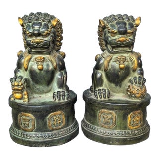 Monumental Pair of Vintage Chinese Gilt Bronze Guardian Lions (Foo Dogs) For Sale