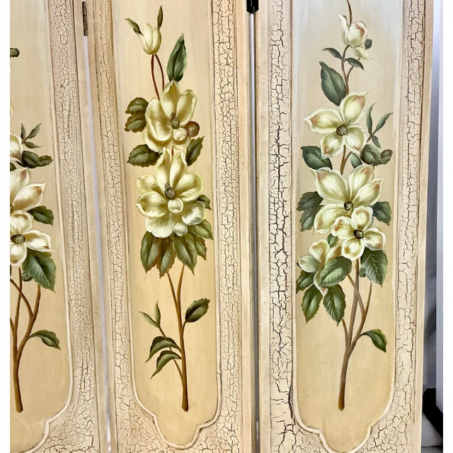 1980s Vintage Boho Chic Hollywood Regency Coastal Hand Painted Magnolia Room Divider Screen For Sale - Image 9 of 12