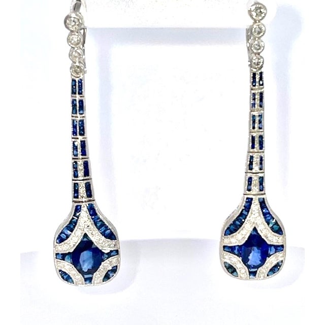 1960s Pair of Art Deco Sapphire and Diamond Drop Earrings For Sale - Image 10 of 10