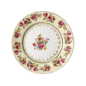 Gold and Pink Floral Painted Ceramic Plate With Scalloped Edges and Botanical Design