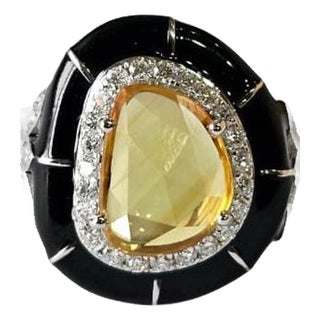 Set in 18k Gold, Ceylon Yellow Sapphire, Black Enamel & Diamonds Engagement Ring, Us Size 6 For Sale