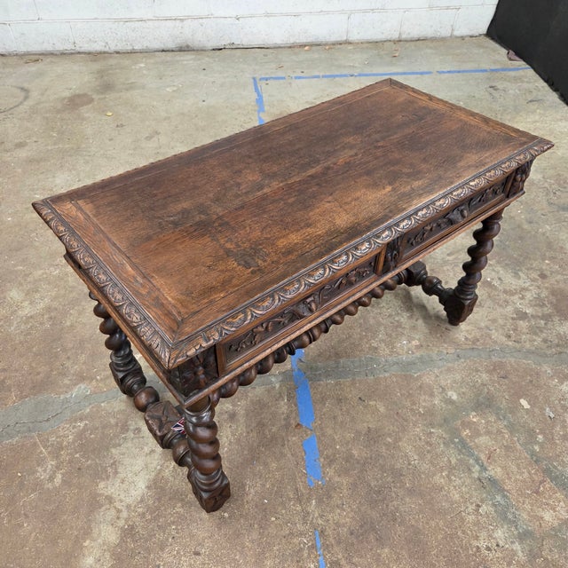 Mid 19th Century Mid 19th Century Jacobean Carved Oak Barley Twist H-Stretcher and Leg Writing Table For Sale - Image 5 of 18