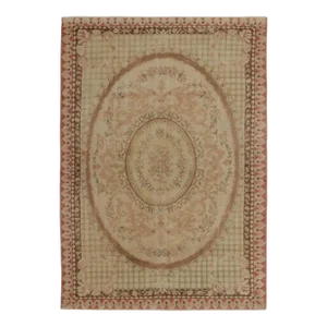 Aubusson Style Vintage Rug in Pink, Green & Beige-Brown Florals, Medallion Style