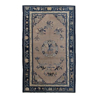 Antique Chinese Rug, Tan and Blue Oriental Handmade Wool Rug For Sale