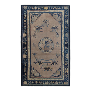 Antique Chinese Rug, Tan and Blue Oriental Handmade Wool Rug