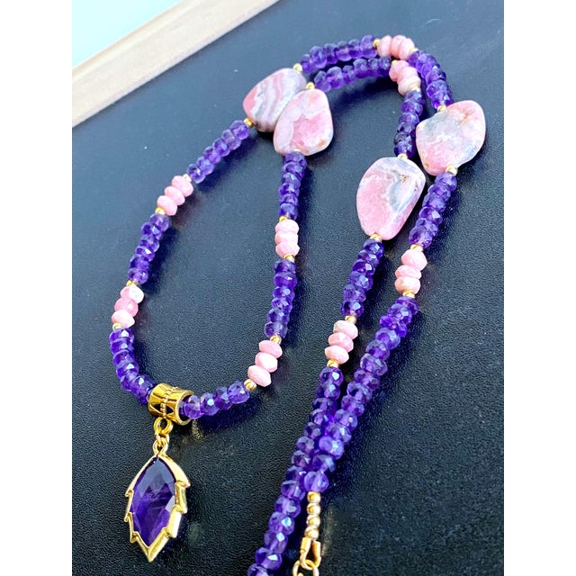 Contemporary Artisan Amethyst Pendant Necklace With Genuine Argentine Rhodochrosite and Gilded Accents For Sale - Image 3 of 18