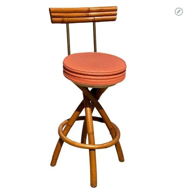 Mid-Century Modern 1950s Restored Mid-Century Swivel "Spiral" Leg Rattan & Brass Barstools,- Set of 2 For Sale - Image 3 of 8