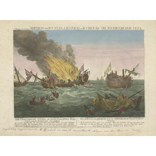 Antique print titled 'Der ungluckliche Zufall der beeden Frazösischen Kriegs (\.) - Etat malheureux de Quebeck et de la...