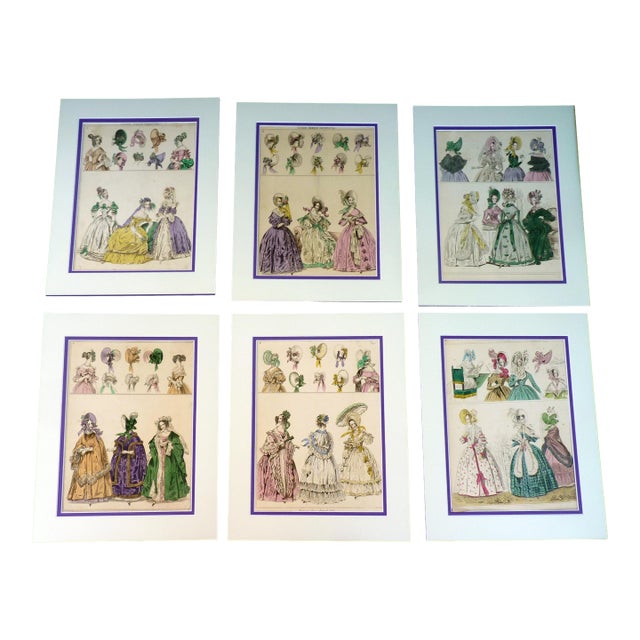 Set of 6 1837 the Beau Monde Hand-Colored Millinery & Fashion Plates 11" X 14" Custom Mat For Sale