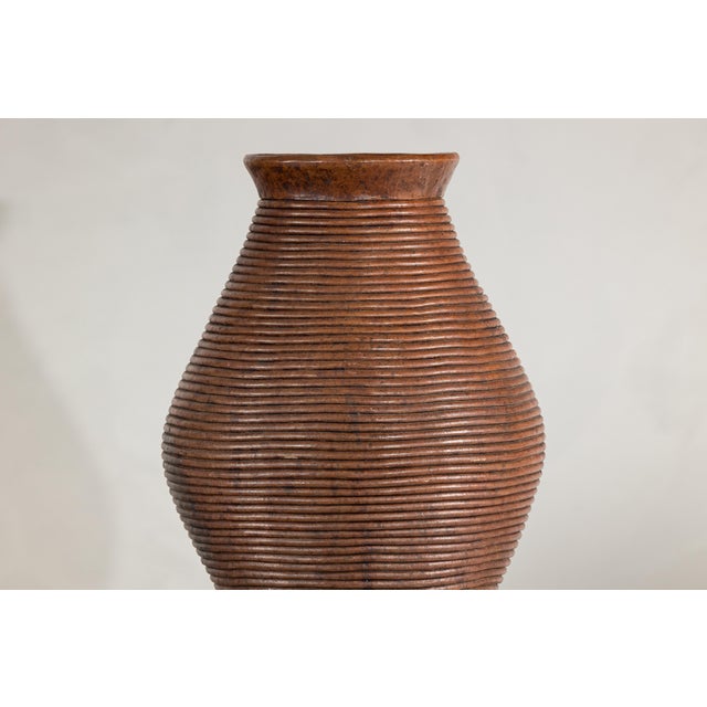 Ribbed Vintage Pottery Vase With Burnished Surface For Sale - Image 14 of 18