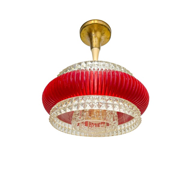 Mid-Century Modern Vintage Pendant Lamp in Red and Clear Plastic with Glass Shade, 1970s For Sale - Image 3 of 11