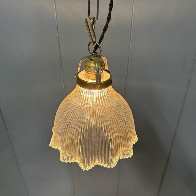 Small Pressed Glass Pendant Lamp with Brass Fixture from Holophane, 1930s For Sale - Image 9 of 17