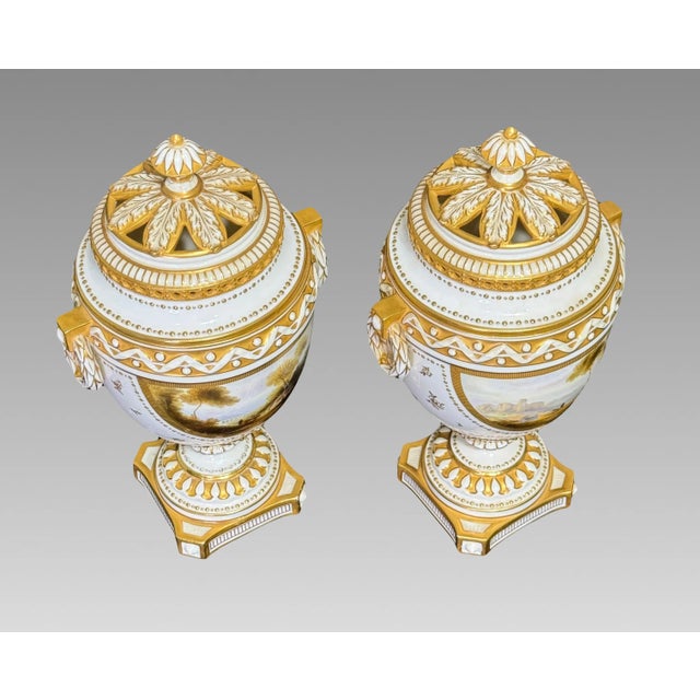 Antique Royal Worcester Neoclassical Matched White and Gilt (Gold) Porcelain Covered Urns W/ Landscaped Panels by Harry Davis, a Pair, England 1912. For Sale In Tampa - Image 6 of 12