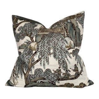 Thibaut Asian Scenic Pillow Cover in Grey, 22x22 Pillow For Sale