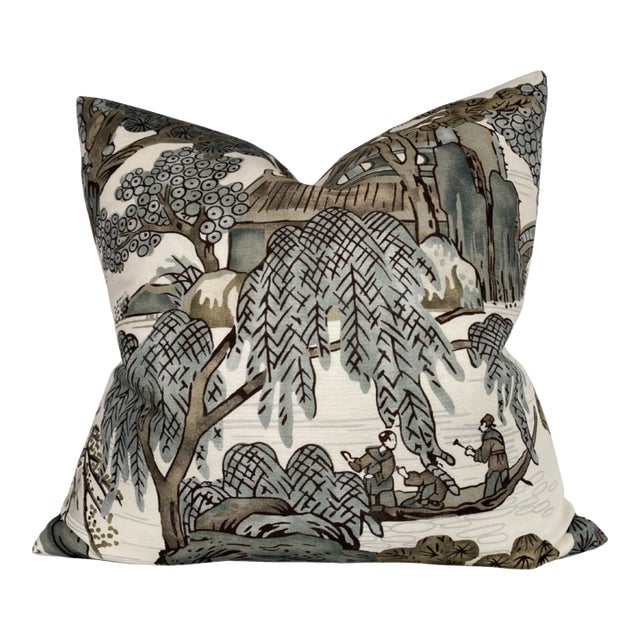 Thibaut Asian Scenic Pillow Cover in Grey, 22x22 Pillow For Sale
