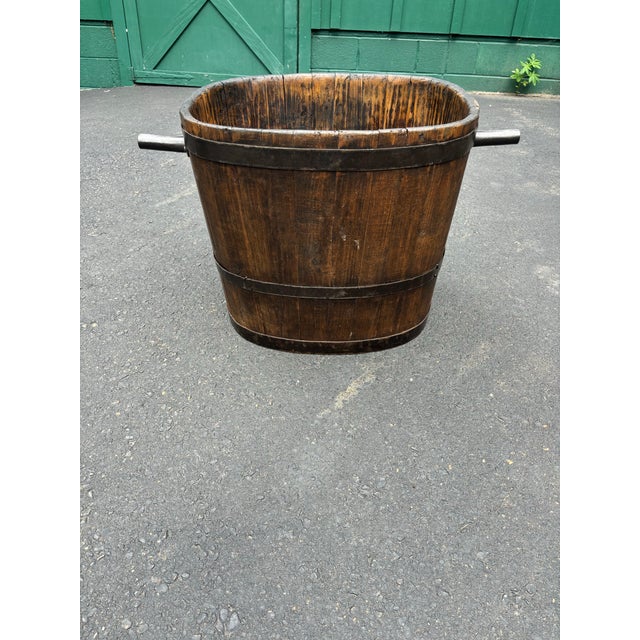 American Large Vintage Wooden Fireplace Bucket For Sale - Image 3 of 6
