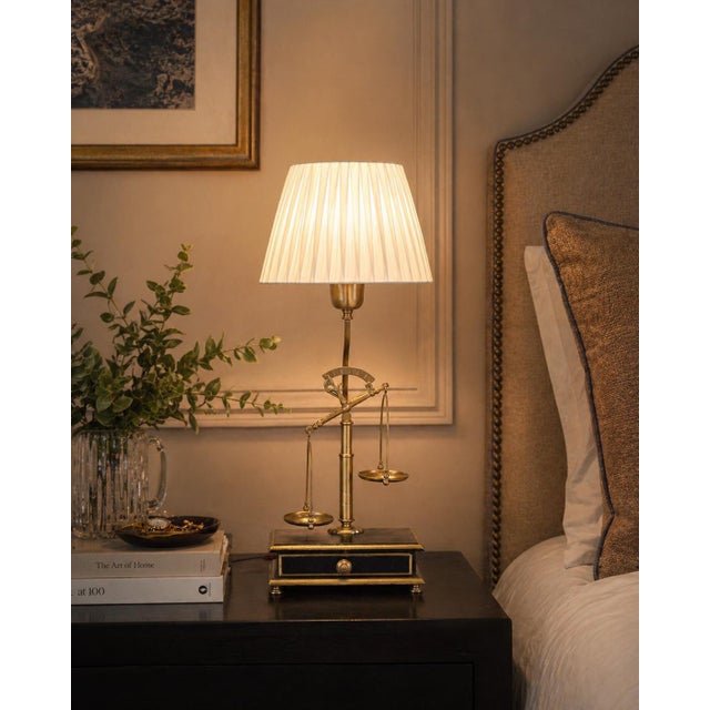 Brass Balance Scale Table Lamp with Drawer Base and Pleated Shade, 1950s For Sale - Image 3 of 14