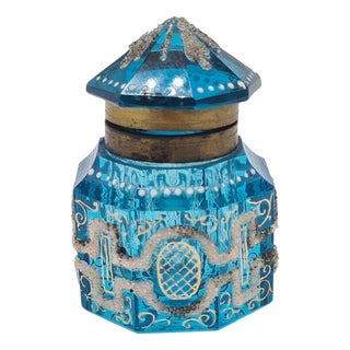Antique Art Deco French Inkwell in Blue Faceted Glass, 1920 For Sale
