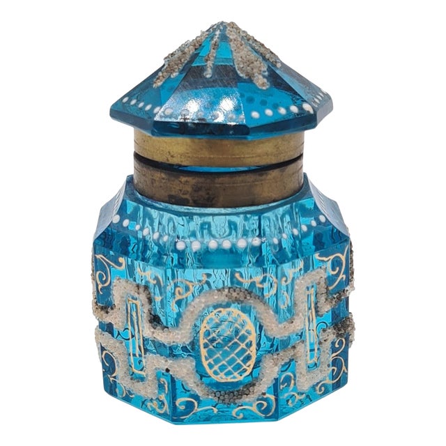 Antique Art Deco French Inkwell in Blue Faceted Glass, 1920 For Sale