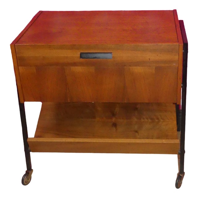 2 Tone Wooden Sewing Box on Casters Shelf in Black Walnut & Steel Tube, 1960s For Sale